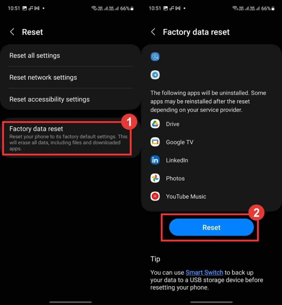 Factory data reset in Android