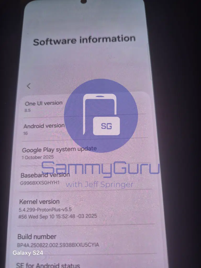 One UI 8.5 software info page