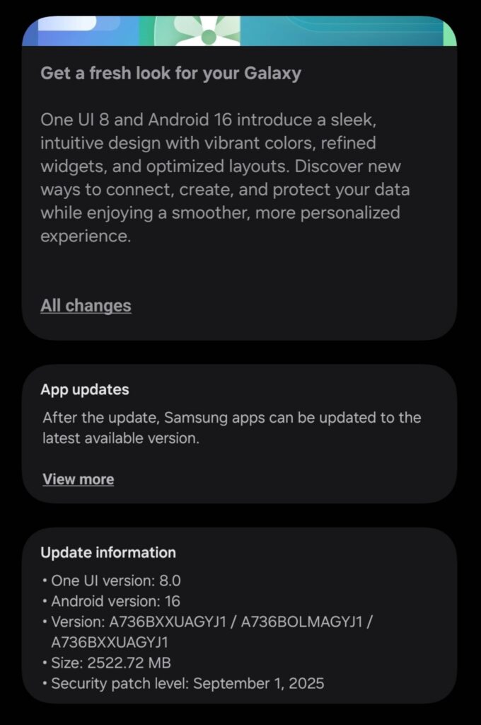 Galaxy A73 One UI 8 update