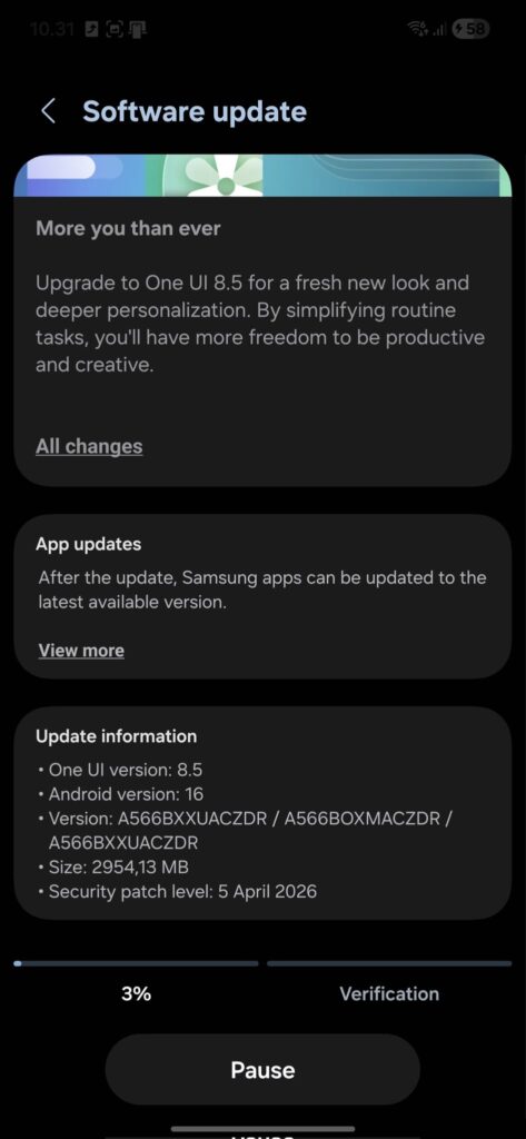 Galaxy A56 One UI 8.5 update changelog (global)