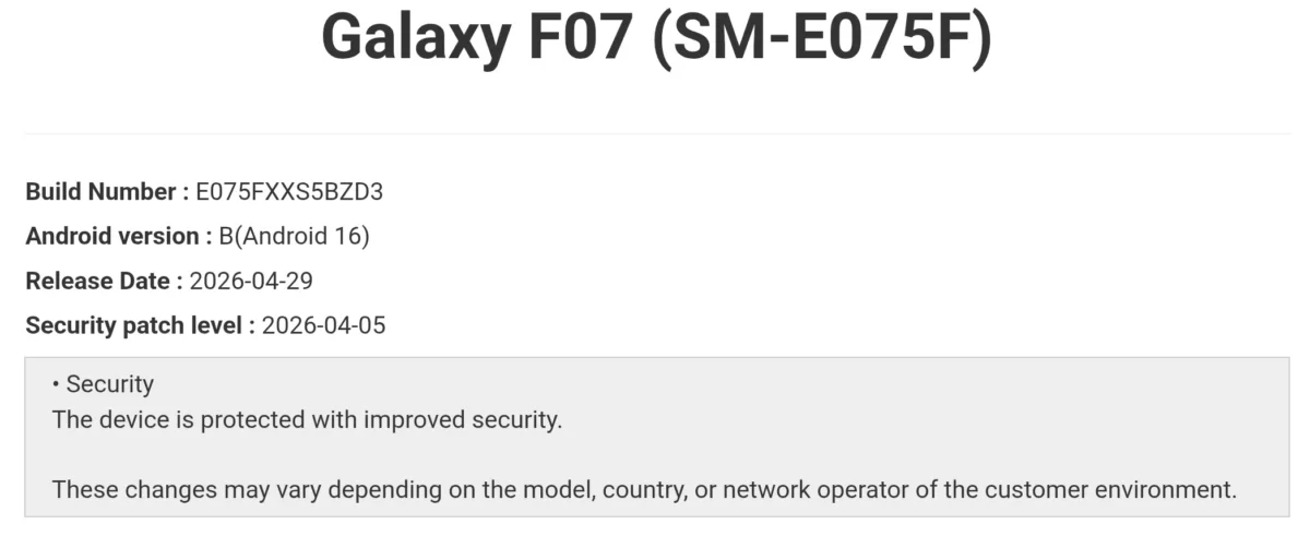 Galaxy F07 April 2026 security update