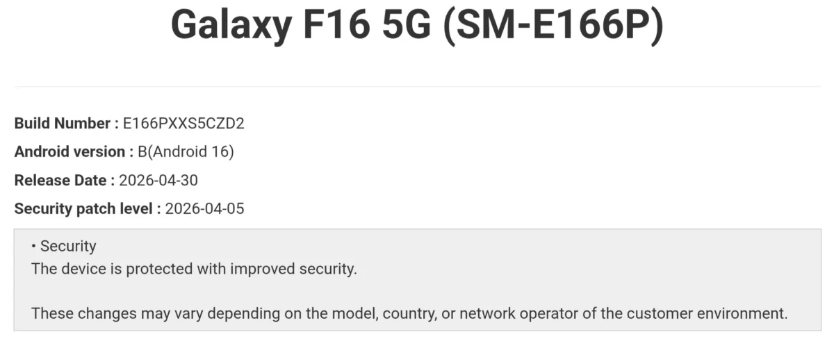 Galaxy F16 April 2026 security update