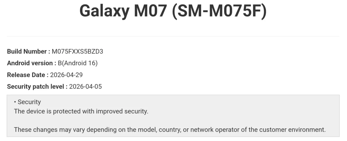 Galaxy M07 April 2026 security update