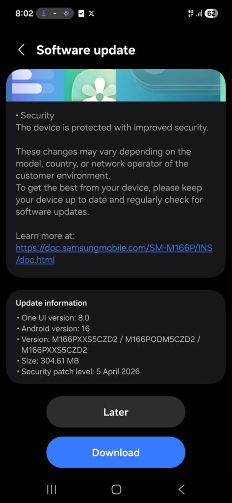Galaxy M16 5G April 2026 security patch update