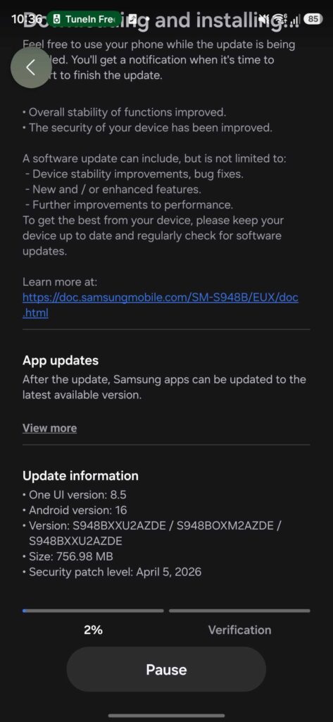 Galaxy S26 Ultra second April 2026 update firmware version