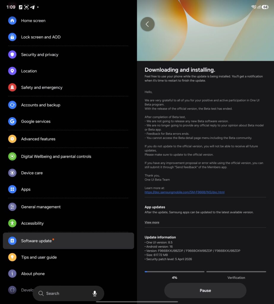 Galaxy Z Fold 7 One UI 8.5 global update