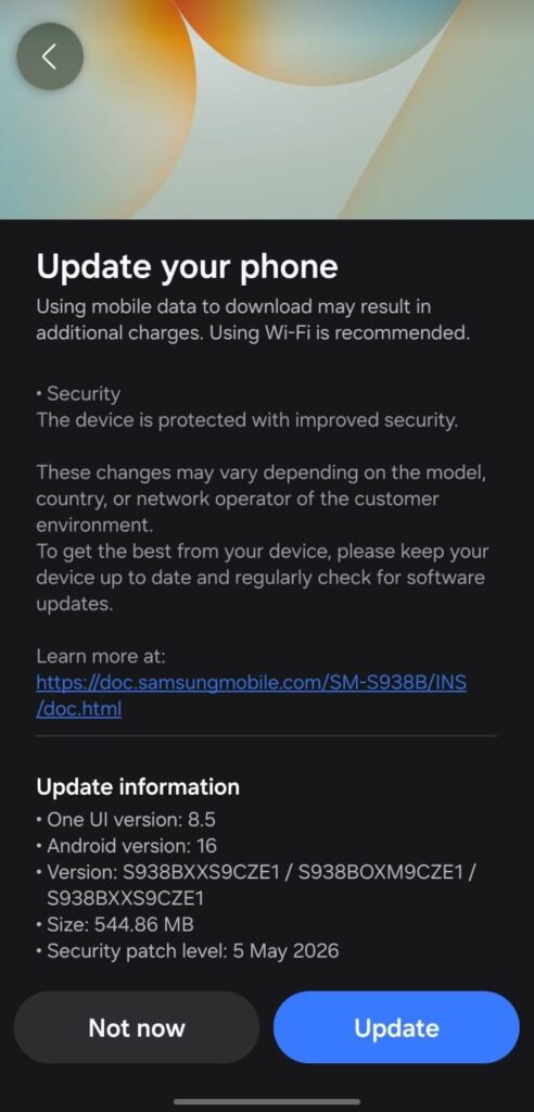 May 2026 security update changelog for Galaxy S25 series