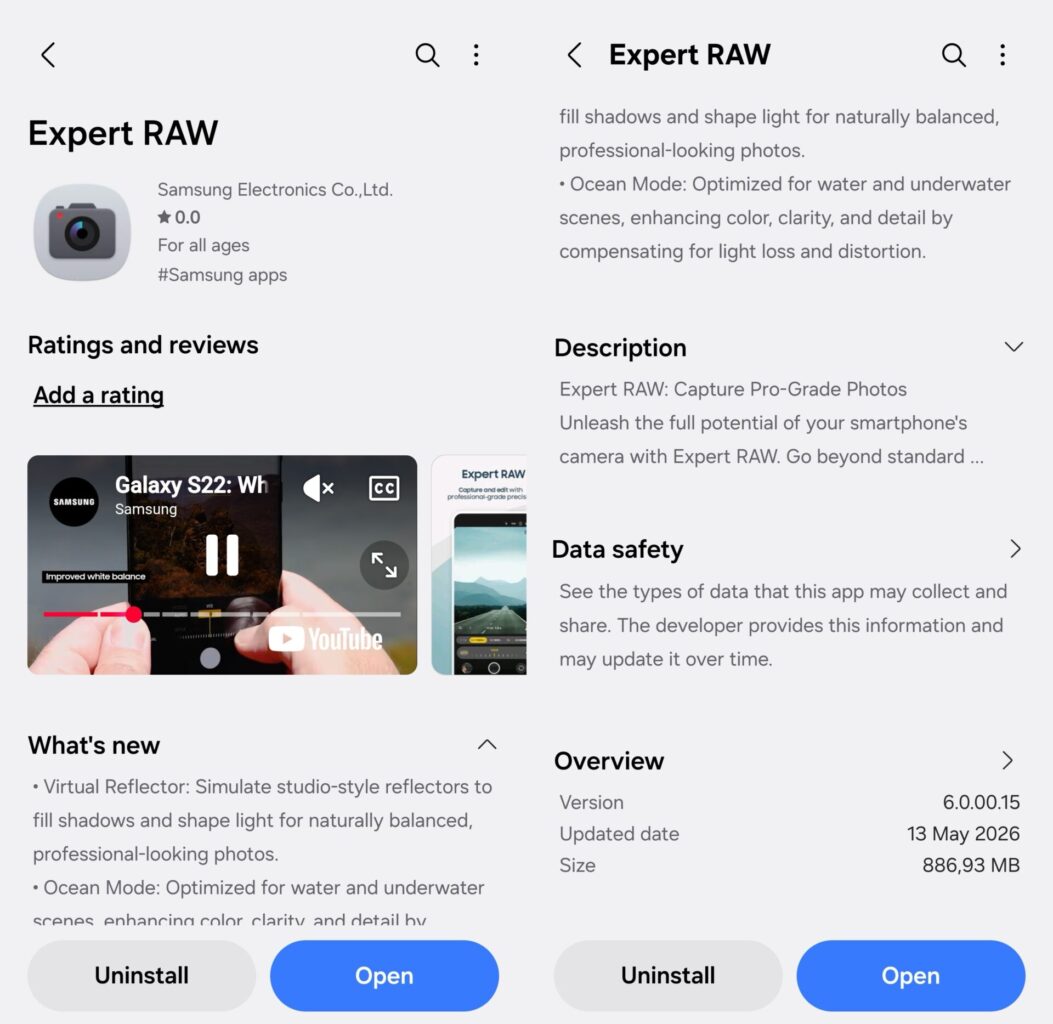 Samsung Expert Raw app on One UI 9
